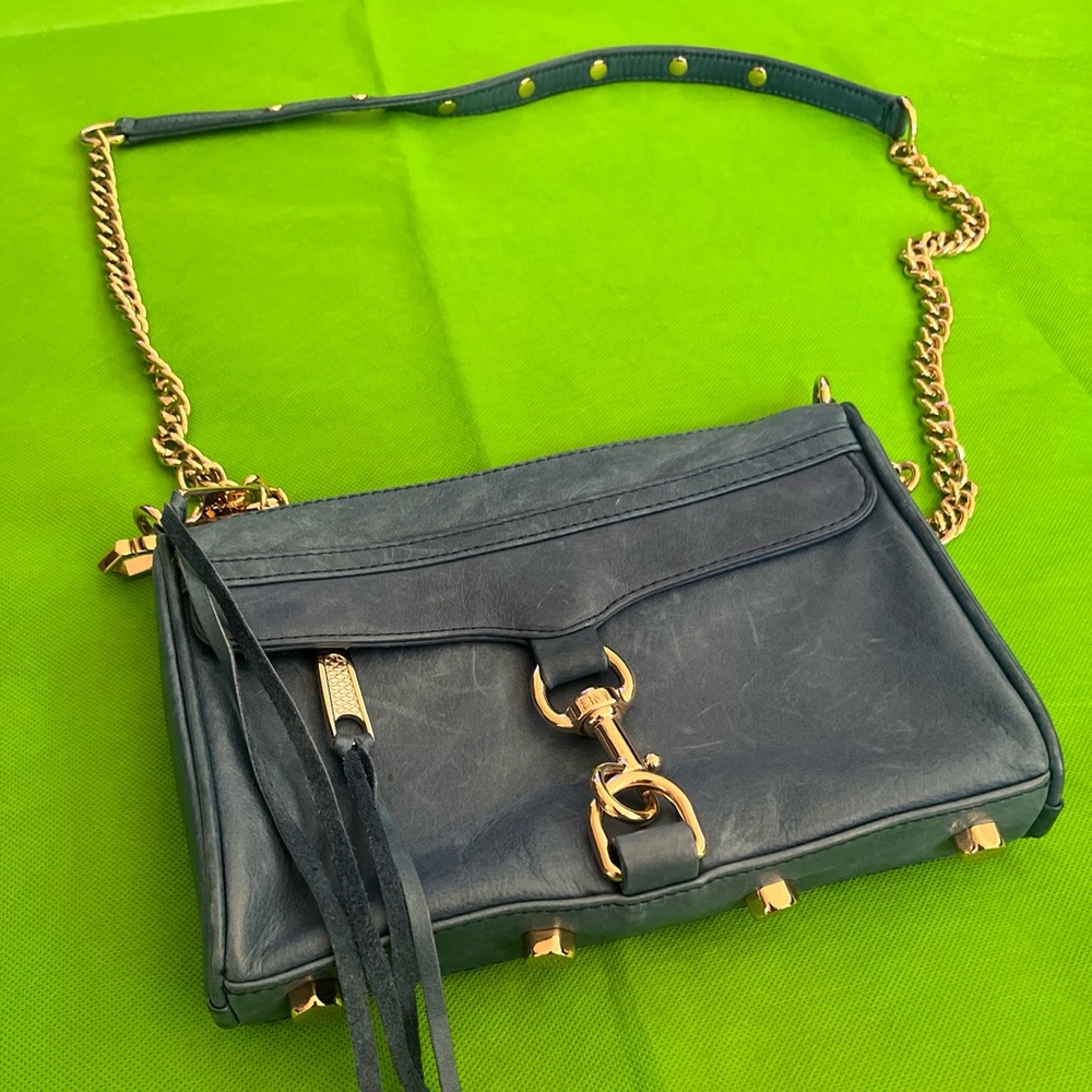 Rebecca Minkoff Mini MAC Crossbody Shoulder Convertible Bag Blue With Gold Strap